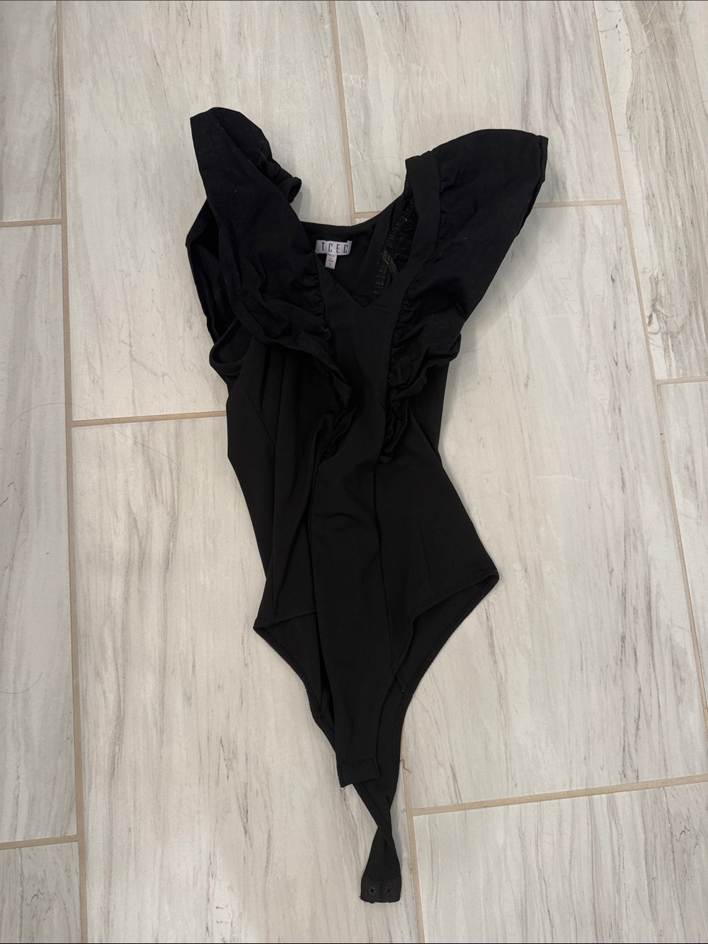 TCEC Black Ruffle Shoulder Bodysuit